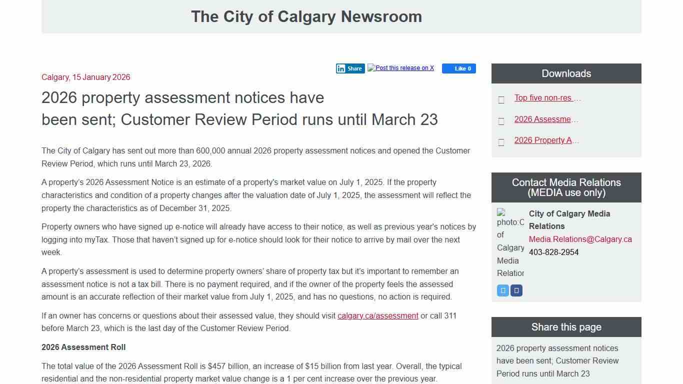 2026 property assessment notices have been sent; Customer Review Period runs until March 23